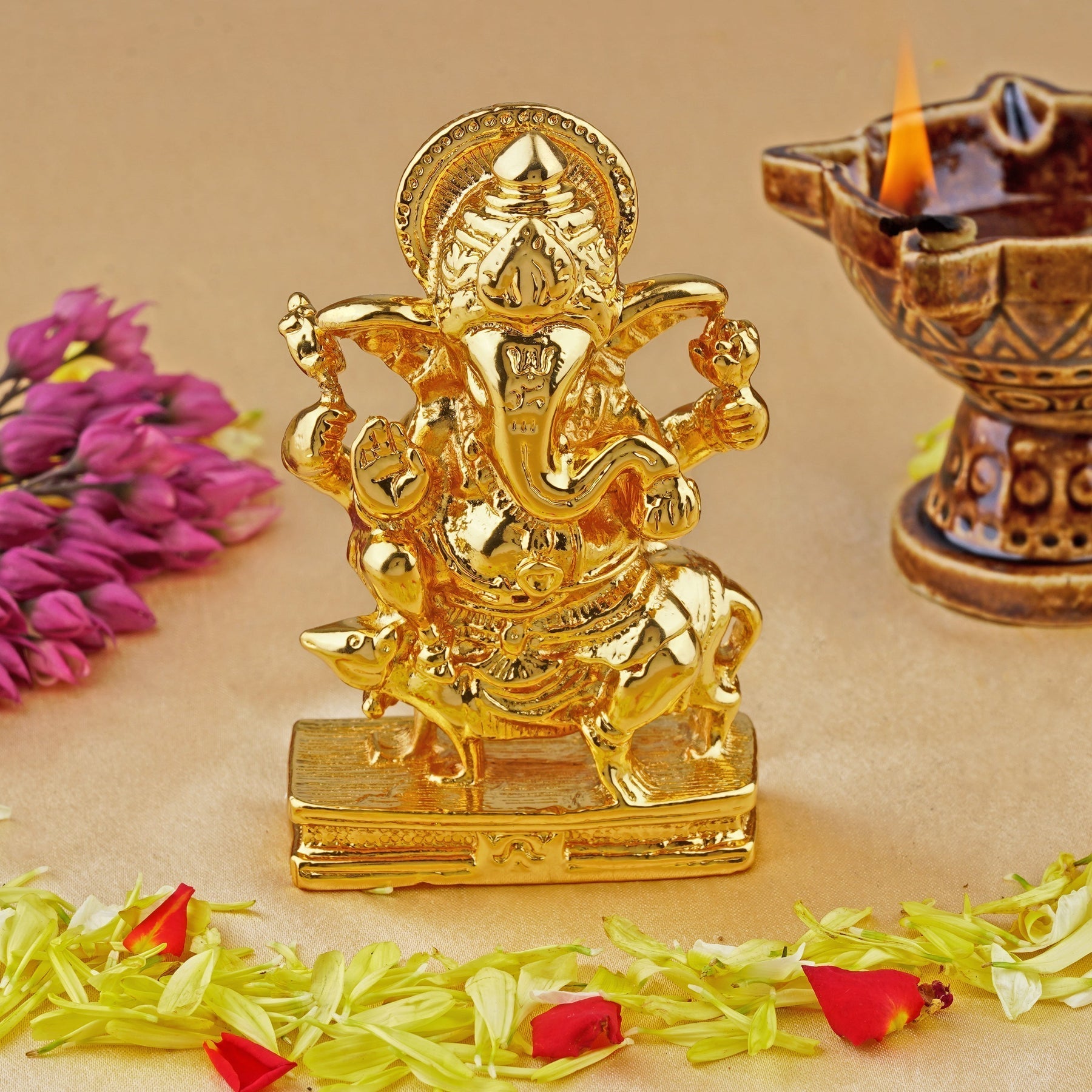 Estele Gold-Polished Spiritual Lord Mooshak Ganesha Idol for Gifts & HouseWarming/Home/Office Decors 