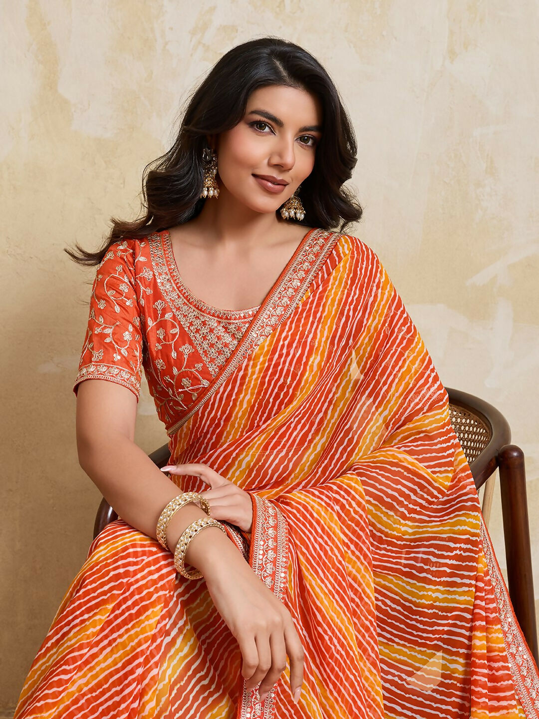Teeya Creation New Trendy Leheriya Bandhani Georgette Saree For Daily Wear -Orange