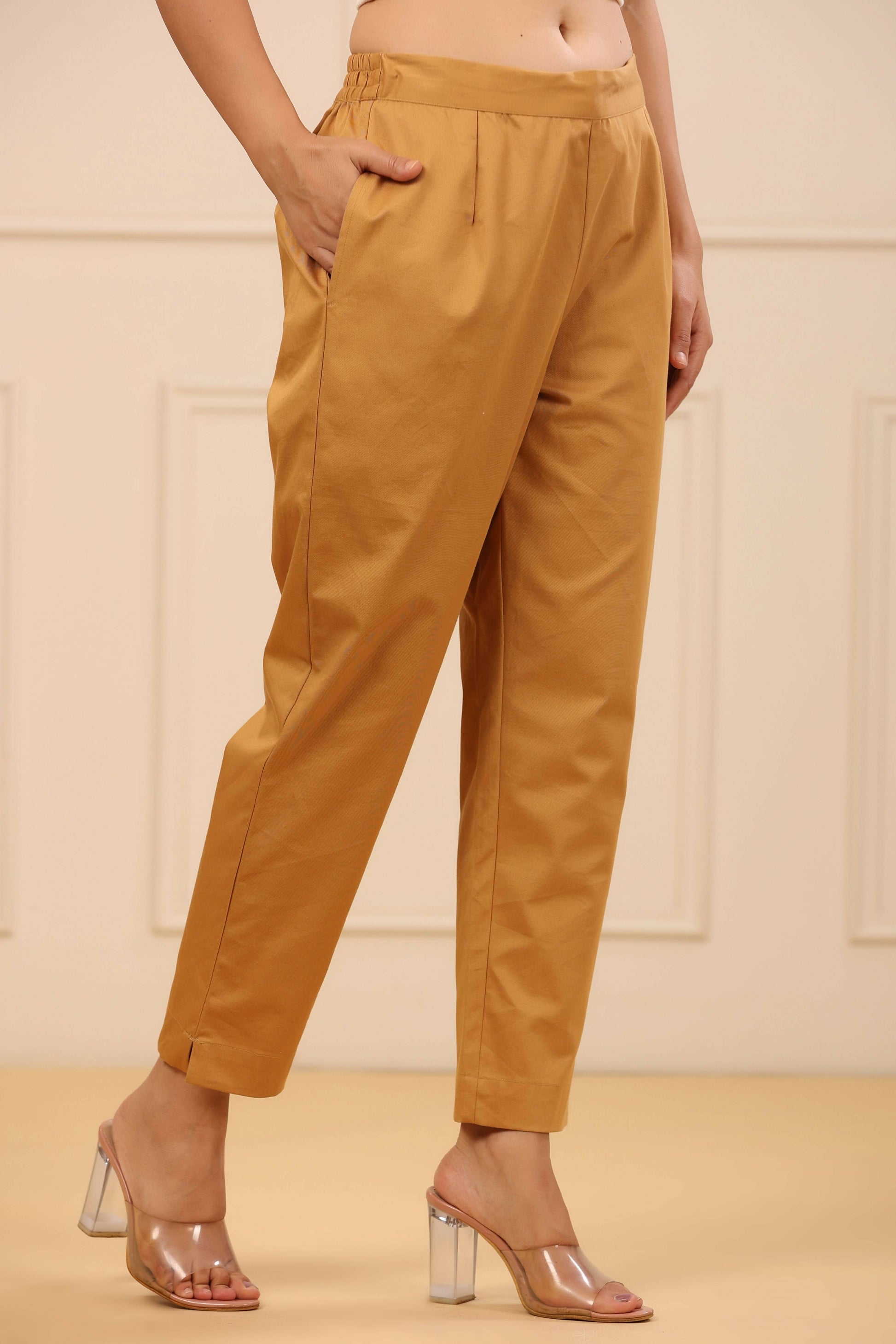 Juniper Women's Gold Cotton Twill Lycra Solid Straight Pant