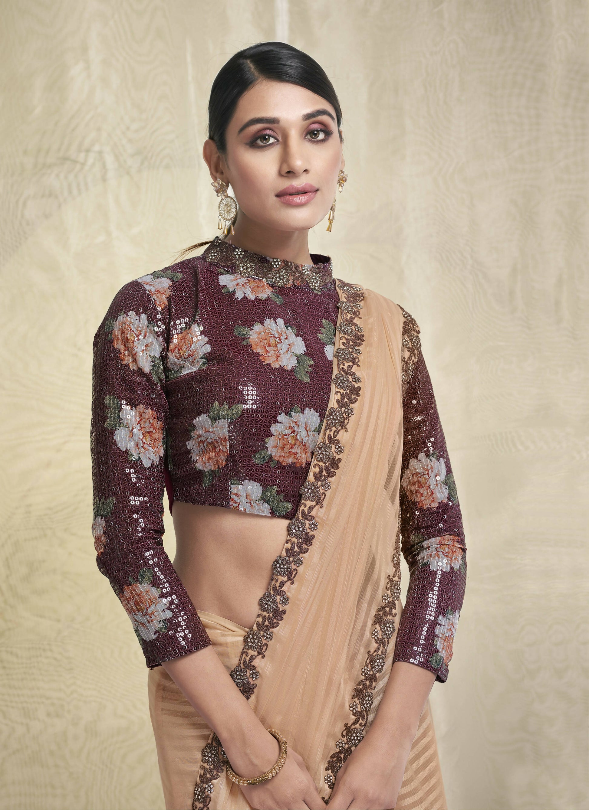 Peach Georgette Stone Work With Embroidery In Border Saree With Blouse Piece - Norita Avyaan