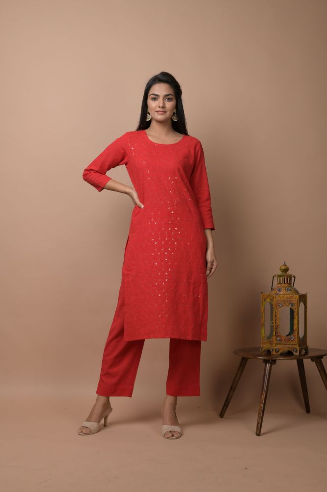 Kaajh Women's Red Solid Sequins Embellished Kurta Pant Set