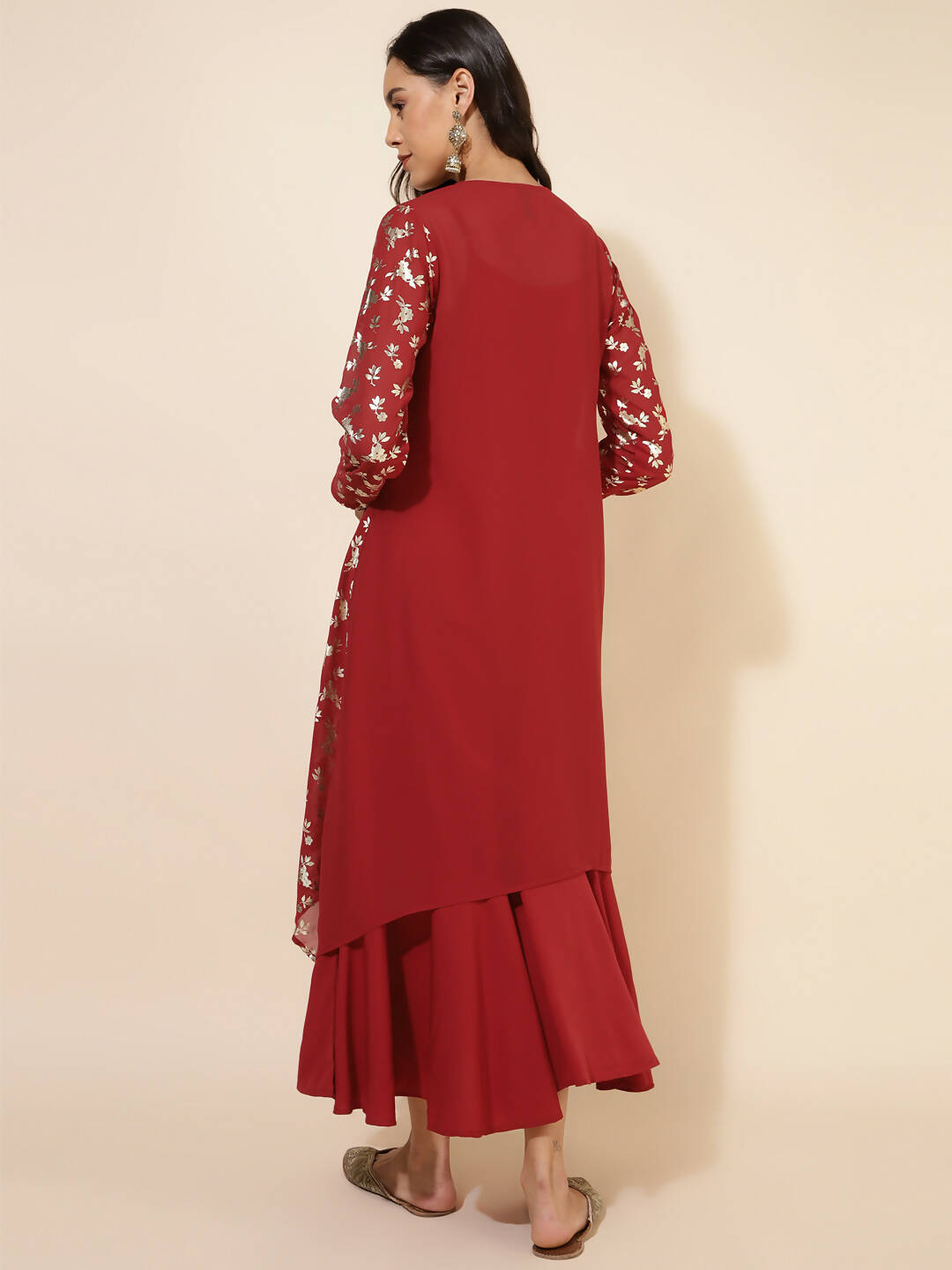 Janasya Women's Red Georgette Foil Printed Festive Flared Dress Set 