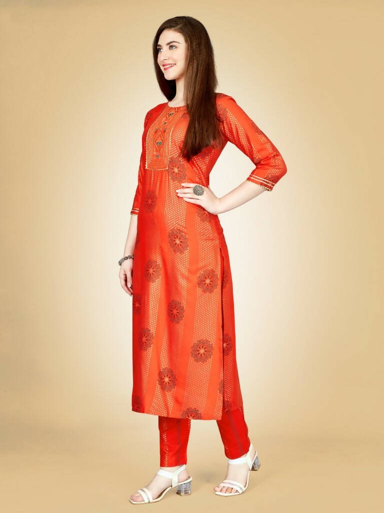 Aastha Fashion Women's Orange Viscose Rayon Embroidered Kurta Pant Set - Grab2buy