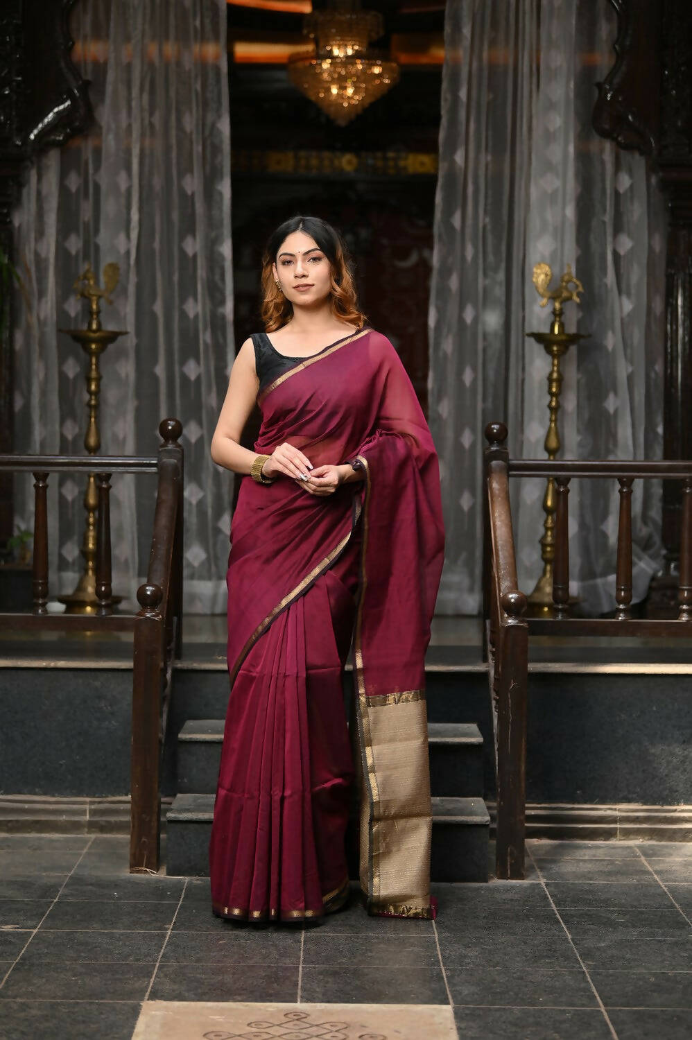 Very Much Indian VMI Exclusive Designer! Handloom Cotton Silk Grab2Buy With Sleek Golden Border - Maroon Shade 