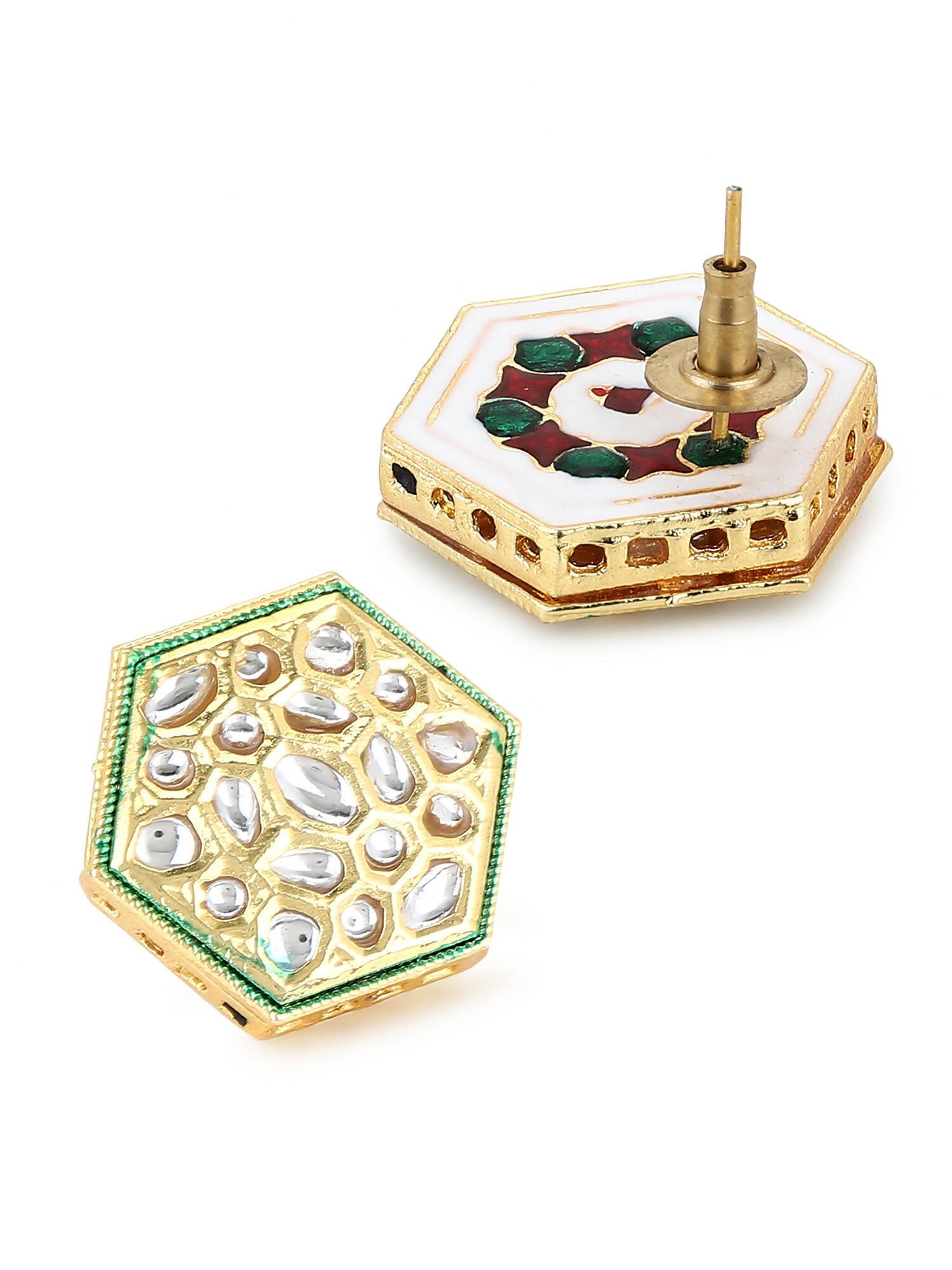 Gold-Toned White Kundan Contemporary Gold-Plated Studs Earrings - Ruby Raang - Grab2buy