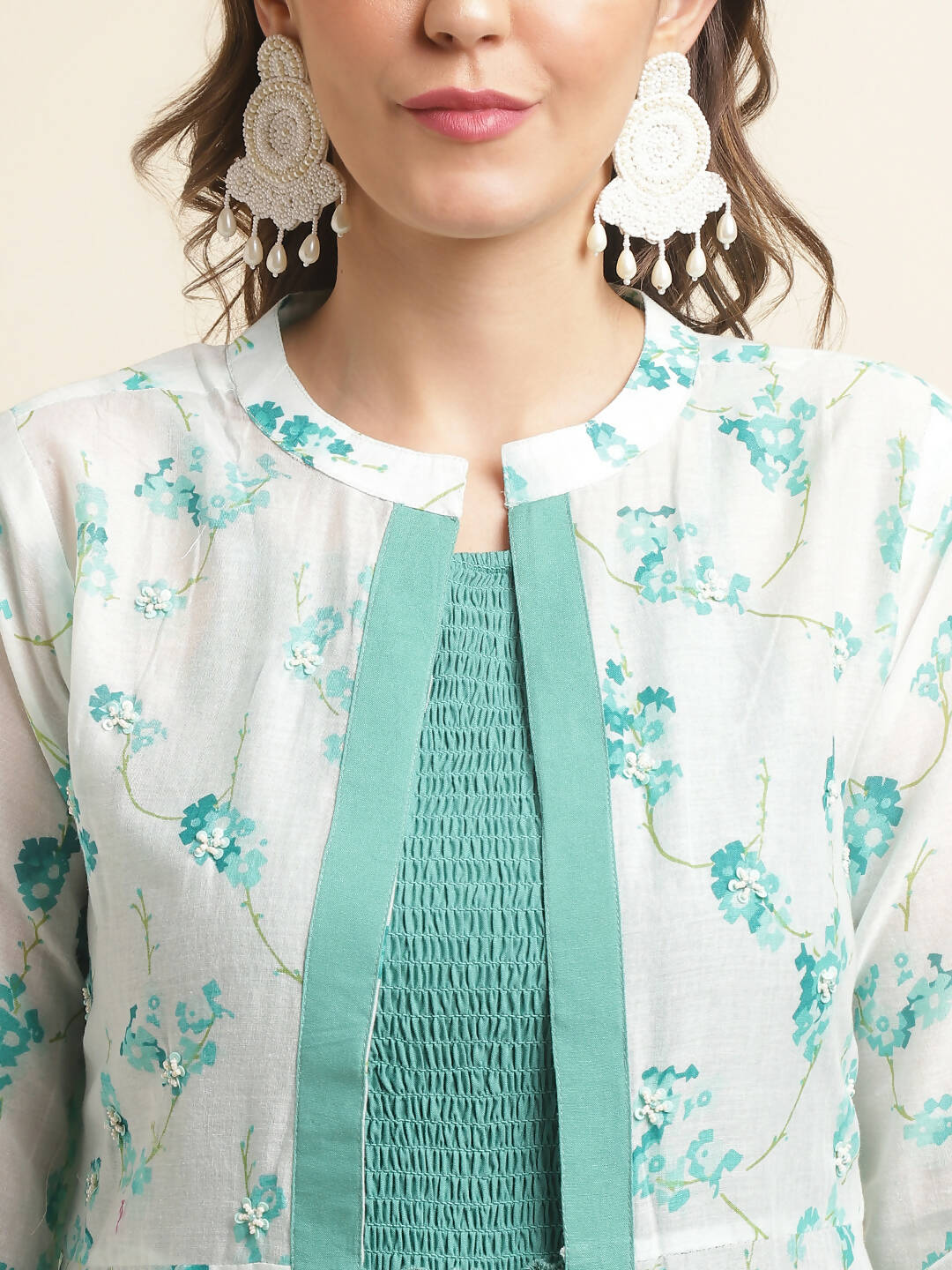 Light Blue Cotton Solid Flared Dress with Printed Shrug - Yukti