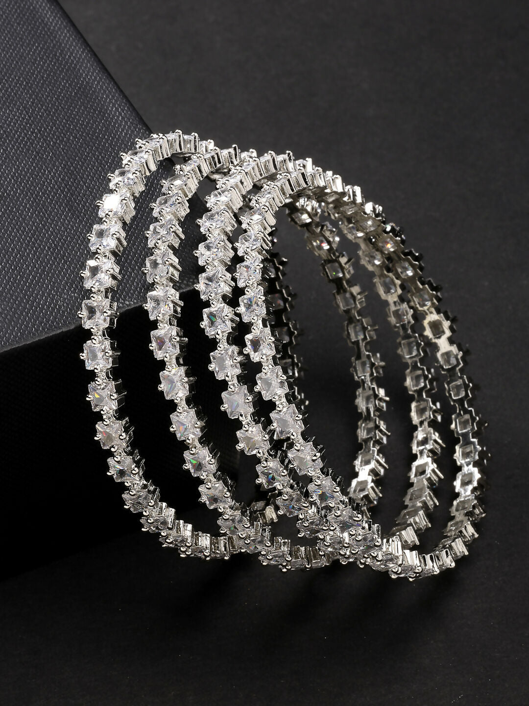 NVR Women's Set of 4 Silver-Plated CZ Stone-Studded Handcrafted Bangles 