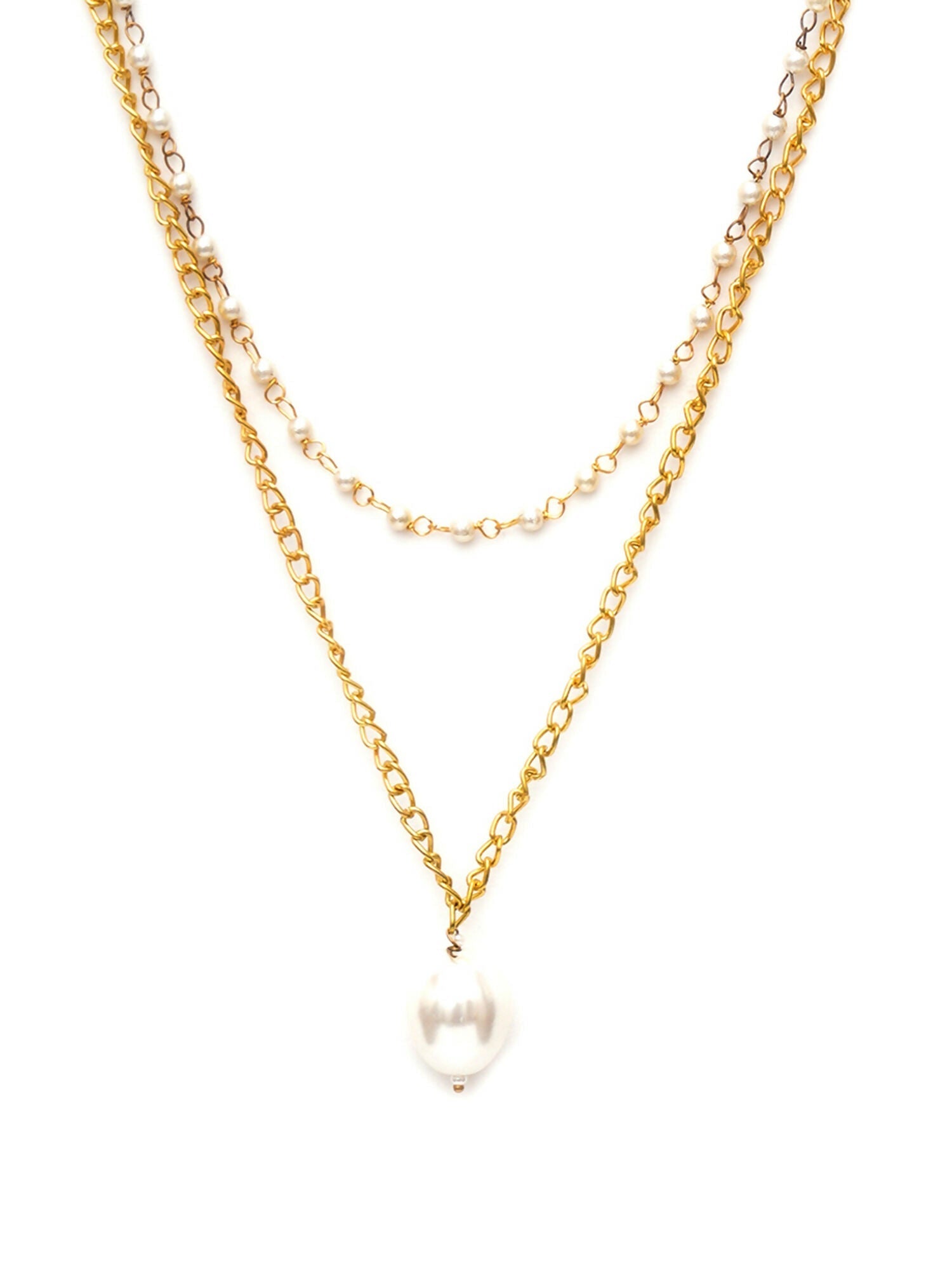 Layered Pearl and Gold Neckpiece with Emeralds (Gold) - Ruby Raang | Swadesiicart