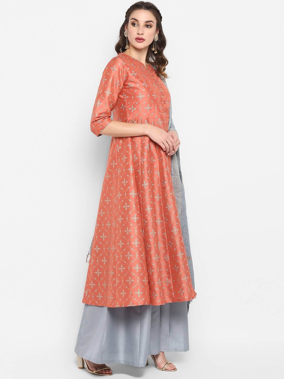 Janasya Women Peach & Grey Floral Print Anarkali Kurta with Palazzos & Dupatta