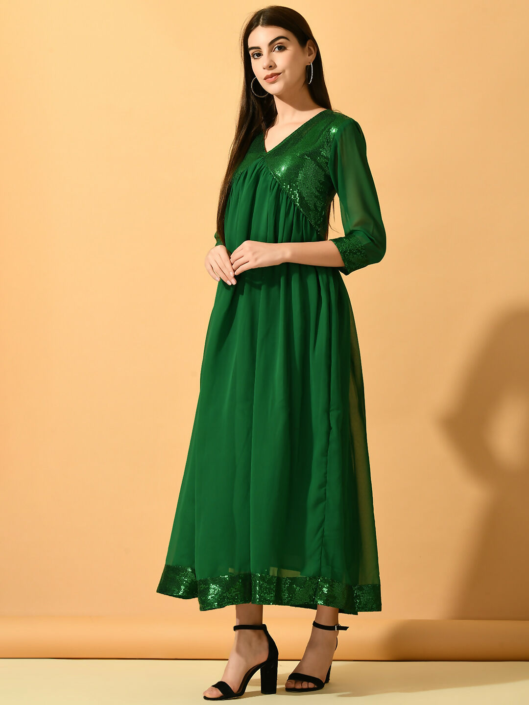 Myshka Women's Green Fit and Flare Party Dress