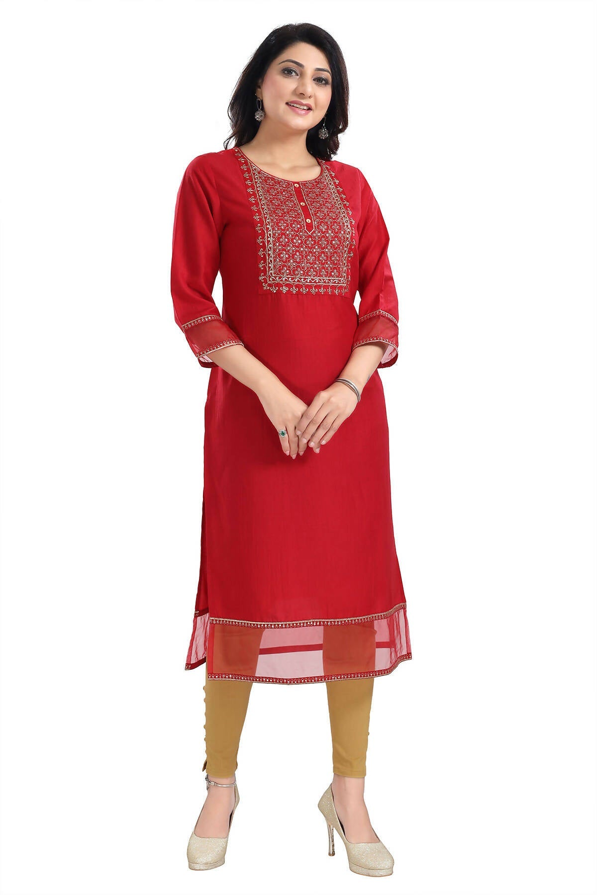 Snehal Creations Mighty Red Art Silk Designer Long Kurti Tunic With Zari Embroidery
