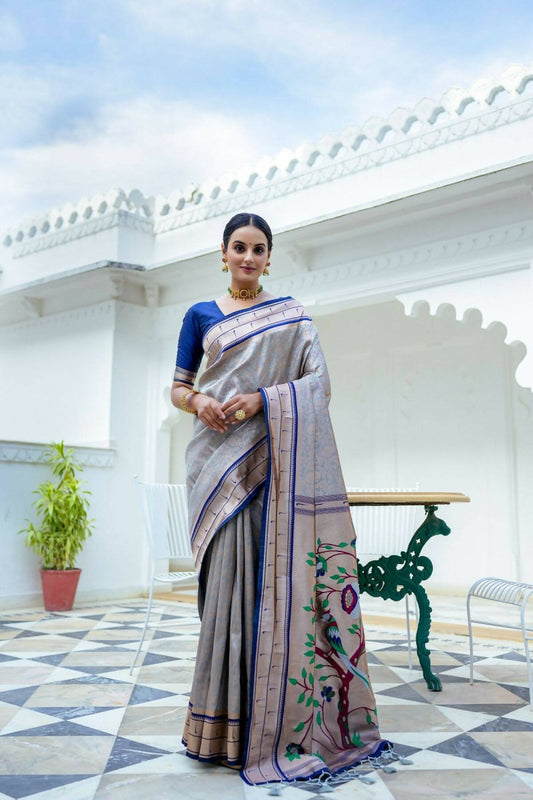 Aastha Fashion Grey Woven Kanjivaram Silk Saree with Blouse - Grab2buy
