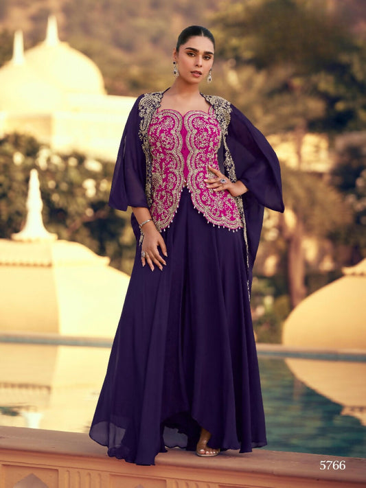 Anaita violet Chinon Readymade Shrug Suit with Heavy Embroidery Work