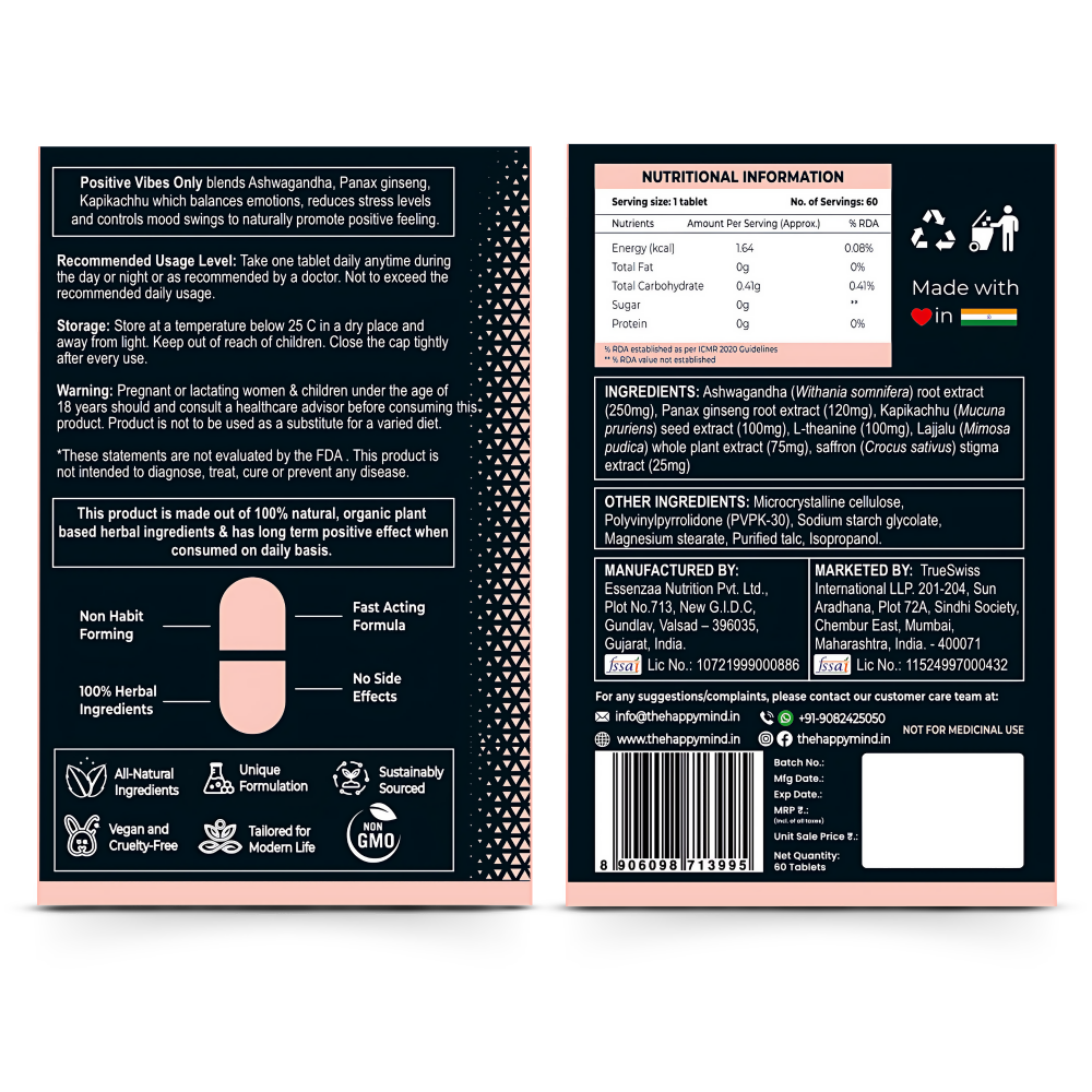HappyMind Botanicals Positive Vibes Only Veg Tablets 