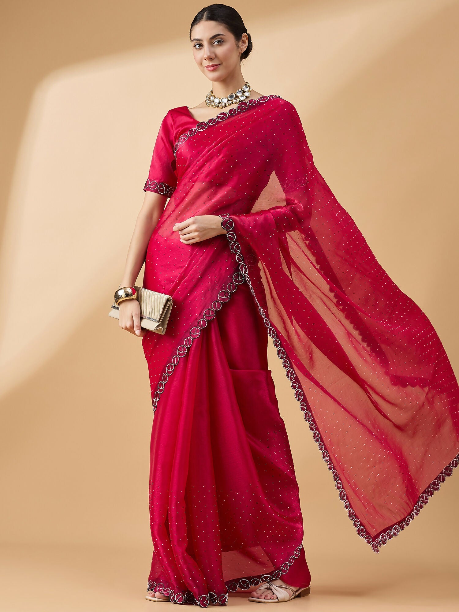 Pink Organza Swaroski Diamond Work Saree with Unstitched Blouse - Radha