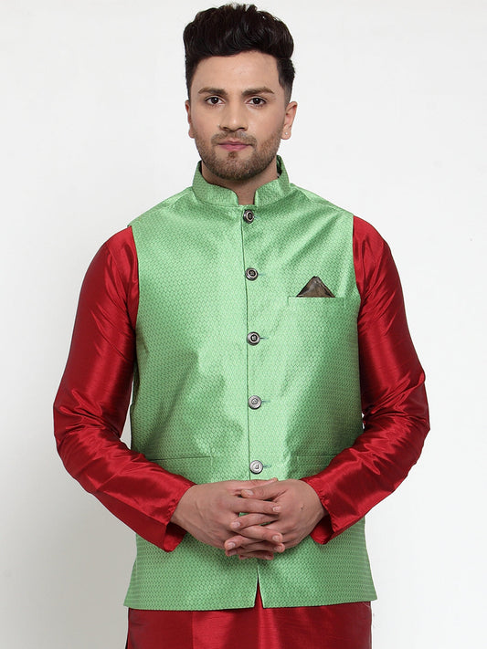 Jompers Men's Green Woven Jacquard Nehru Jacket 
