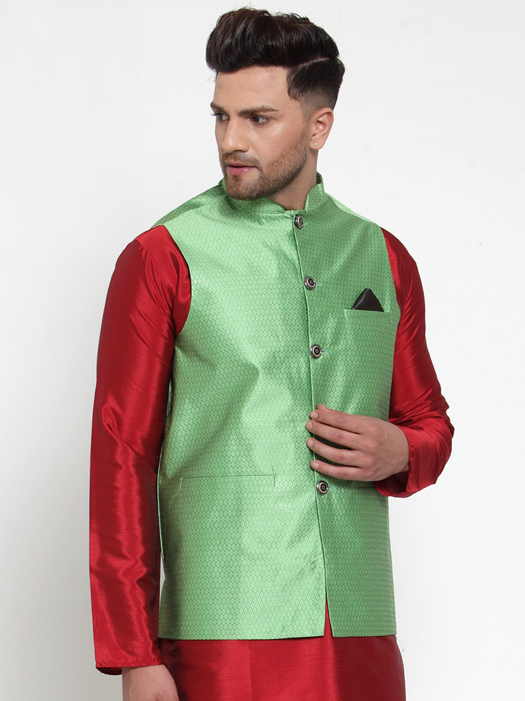 Jompers Men's Green Woven Jacquard Nehru Jacket 