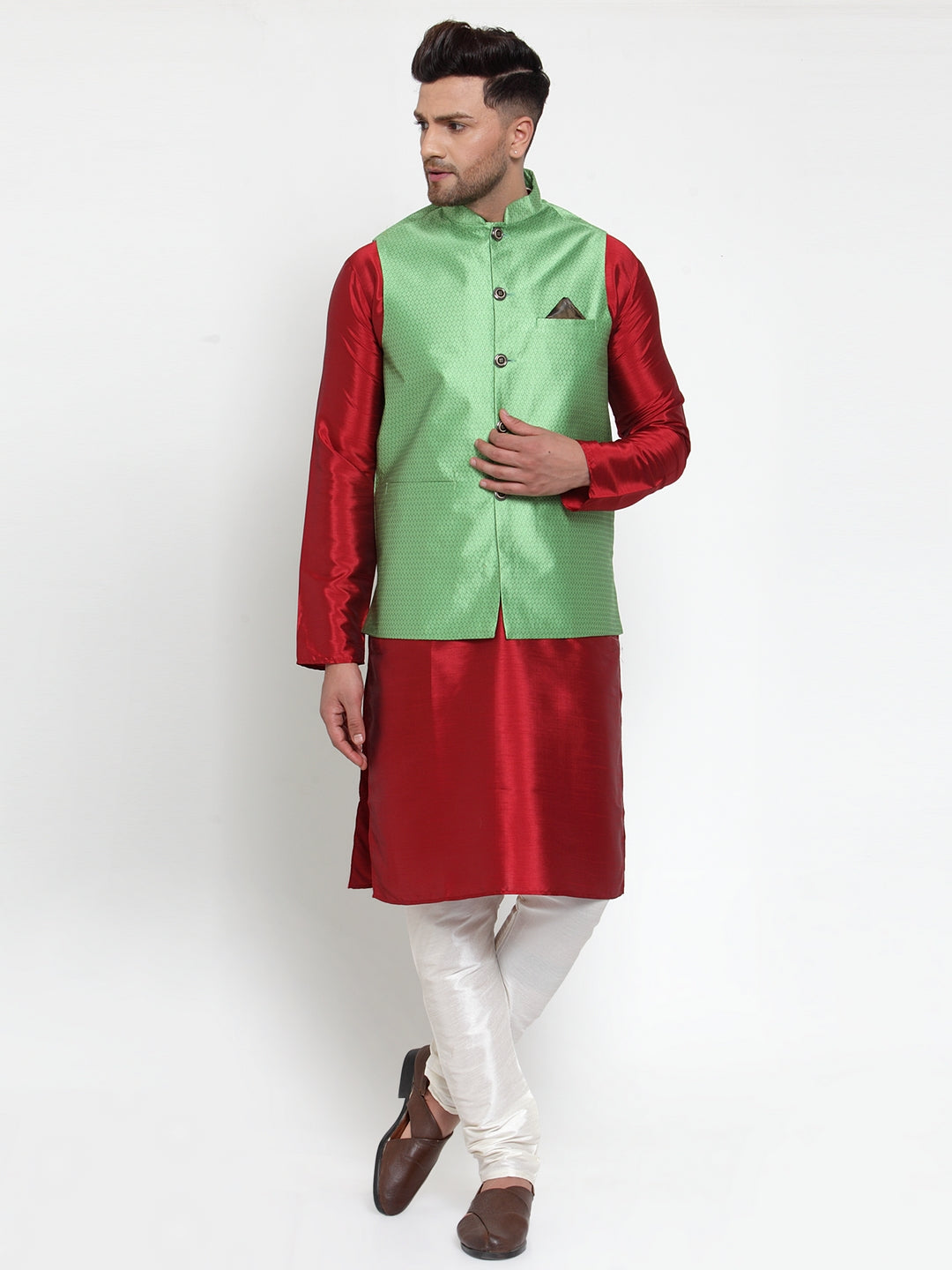 Jompers Men's Green Woven Jacquard Nehru Jacket 