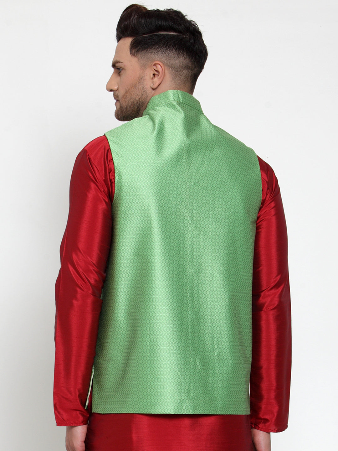 Jompers Men's Green Woven Jacquard Nehru Jacket 