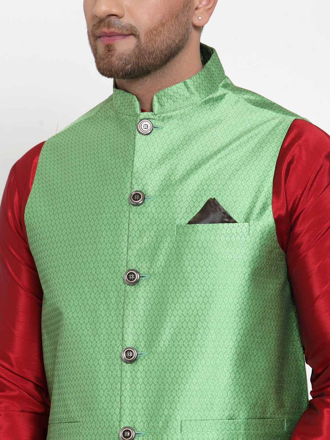 Jompers Men's Green Woven Jacquard Nehru Jacket 