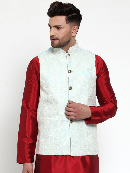 Jompers Men Blue Embroidered Nehru Jacket