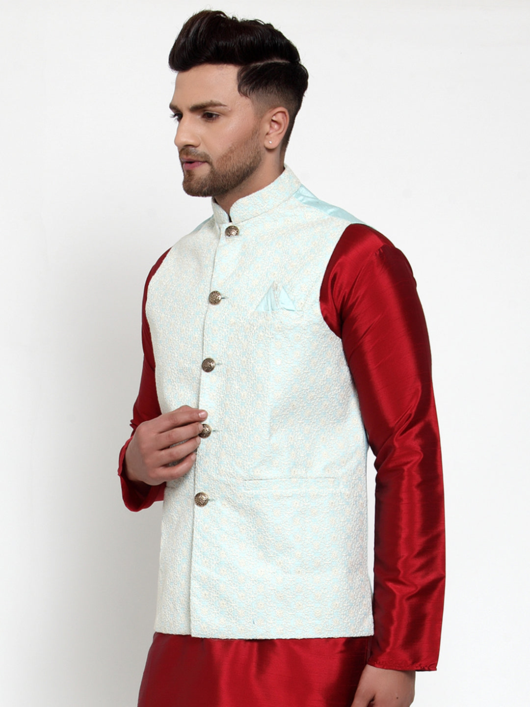 Jompers Men Blue Embroidered Nehru Jacket