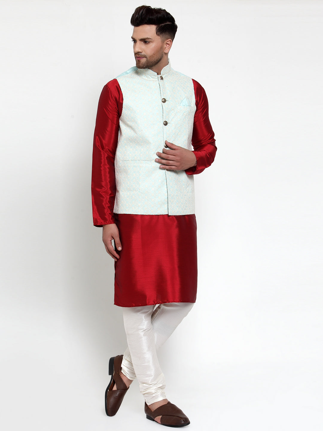 Jompers Men Blue Embroidered Nehru Jacket