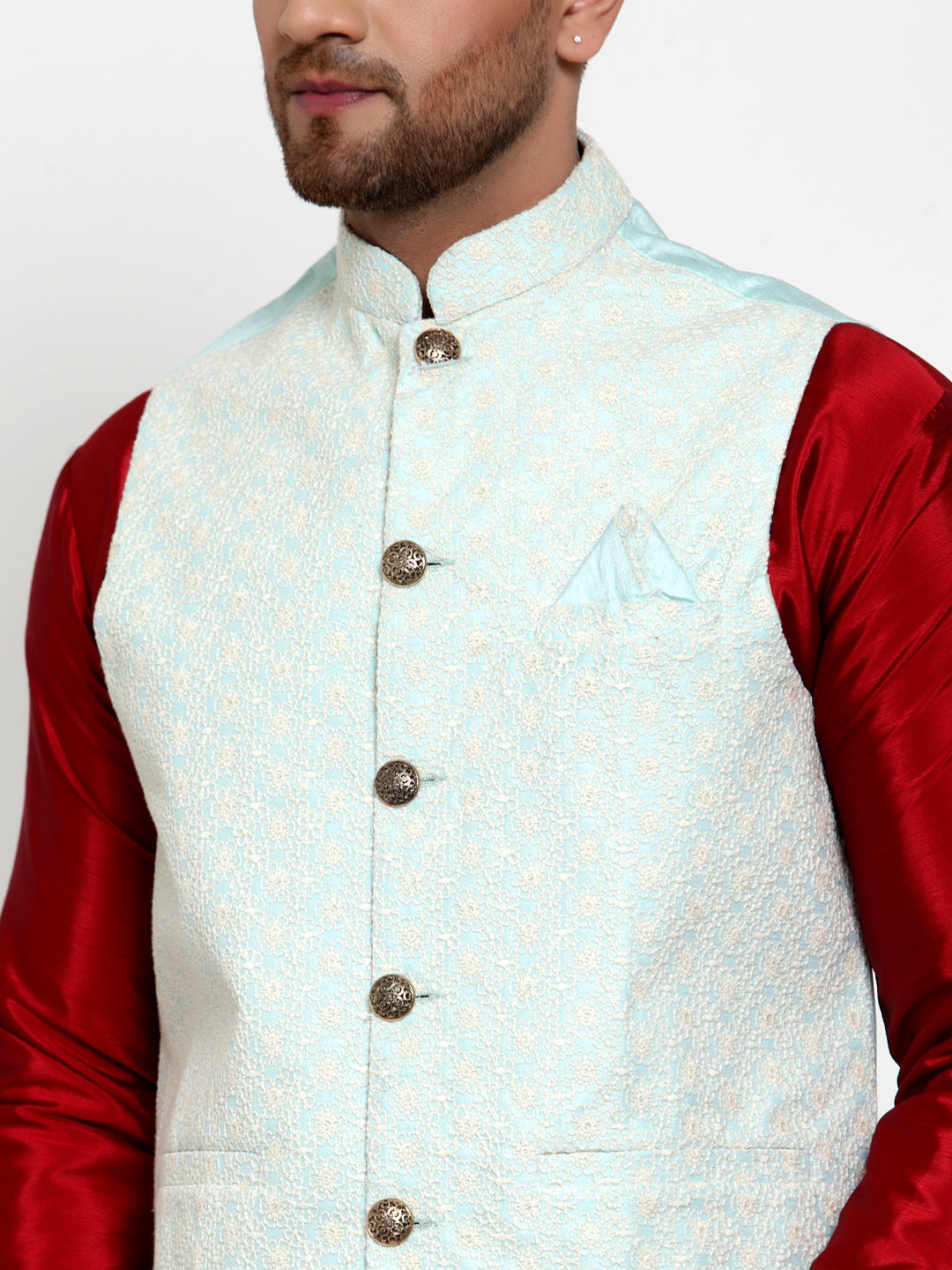 Jompers Men Blue Embroidered Nehru Jacket