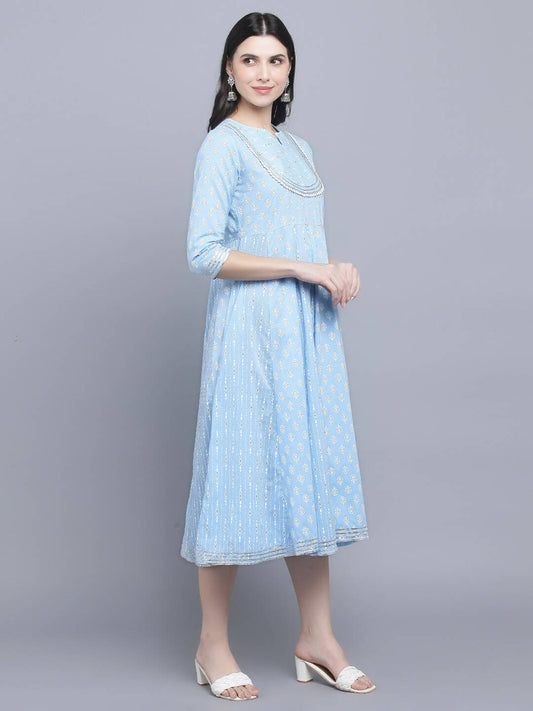Myshka Women's Blue Ethnic Motifs Empire Midi Dress
