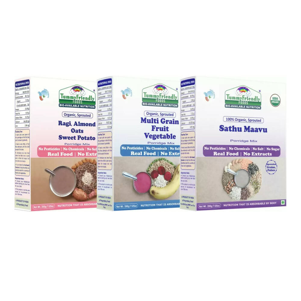 TummyFriendly Foods Certified Organic Multi-Grain, Sprouted Ragi, Oats, Red Lentil, Banana and Sathu Maavu Porridge Mixes Combo - Grab2buy