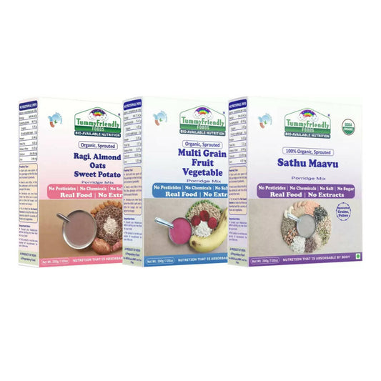 TummyFriendly Foods Certified Organic Multi-Grain, Sprouted Ragi, Oats, Red Lentil, Banana and Sathu Maavu Porridge Mixes Combo - Grab2buy