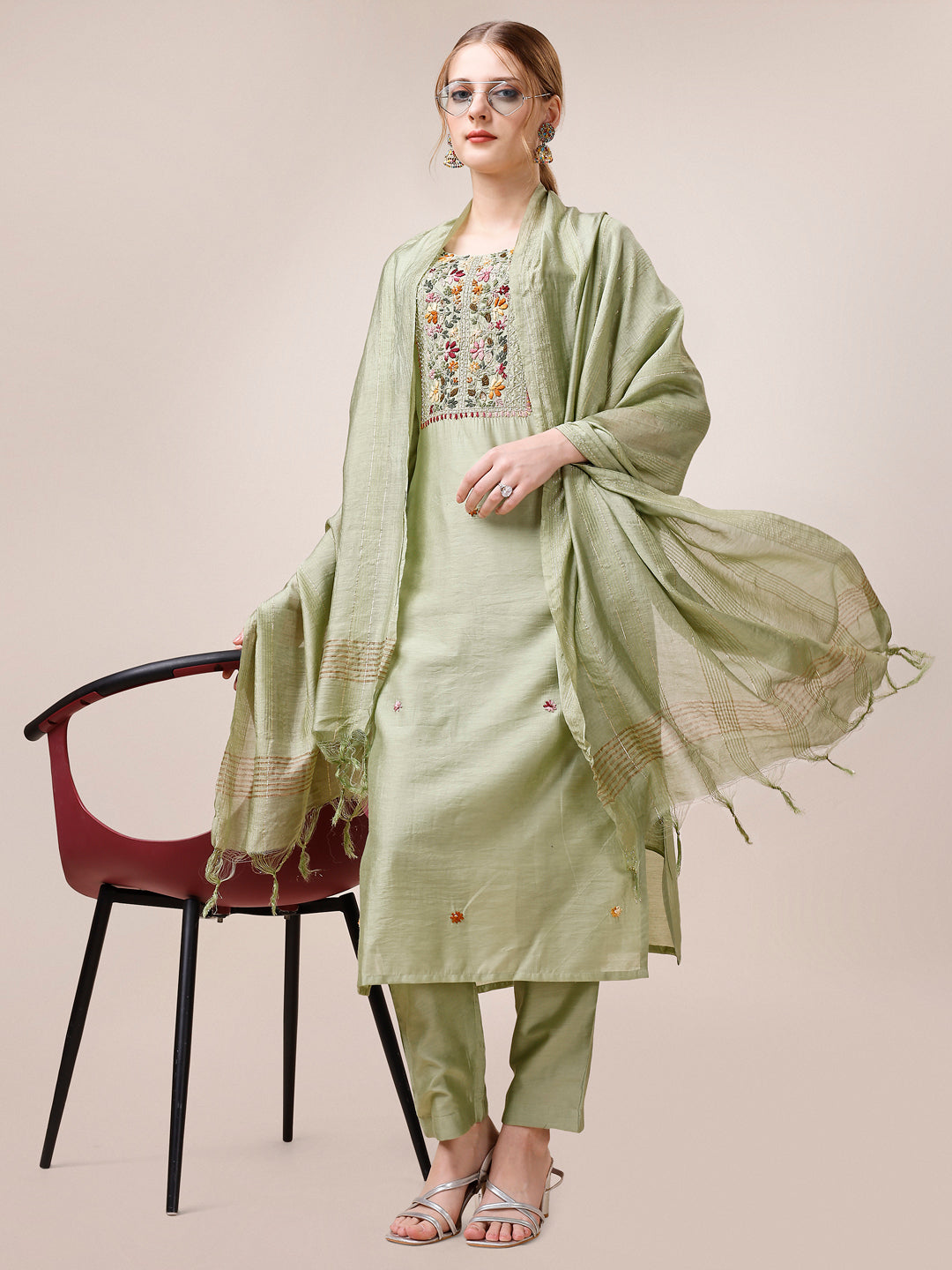 Embroidered Kurta With Pant And Dupatta Set, Multicolor - Hiral Fashion