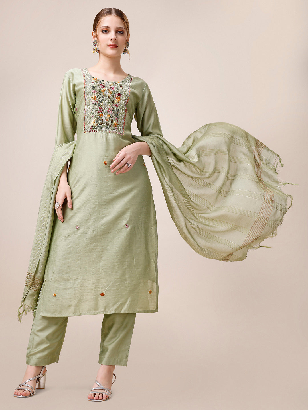 Embroidered Kurta With Pant And Dupatta Set, Multicolor - Hiral Fashion