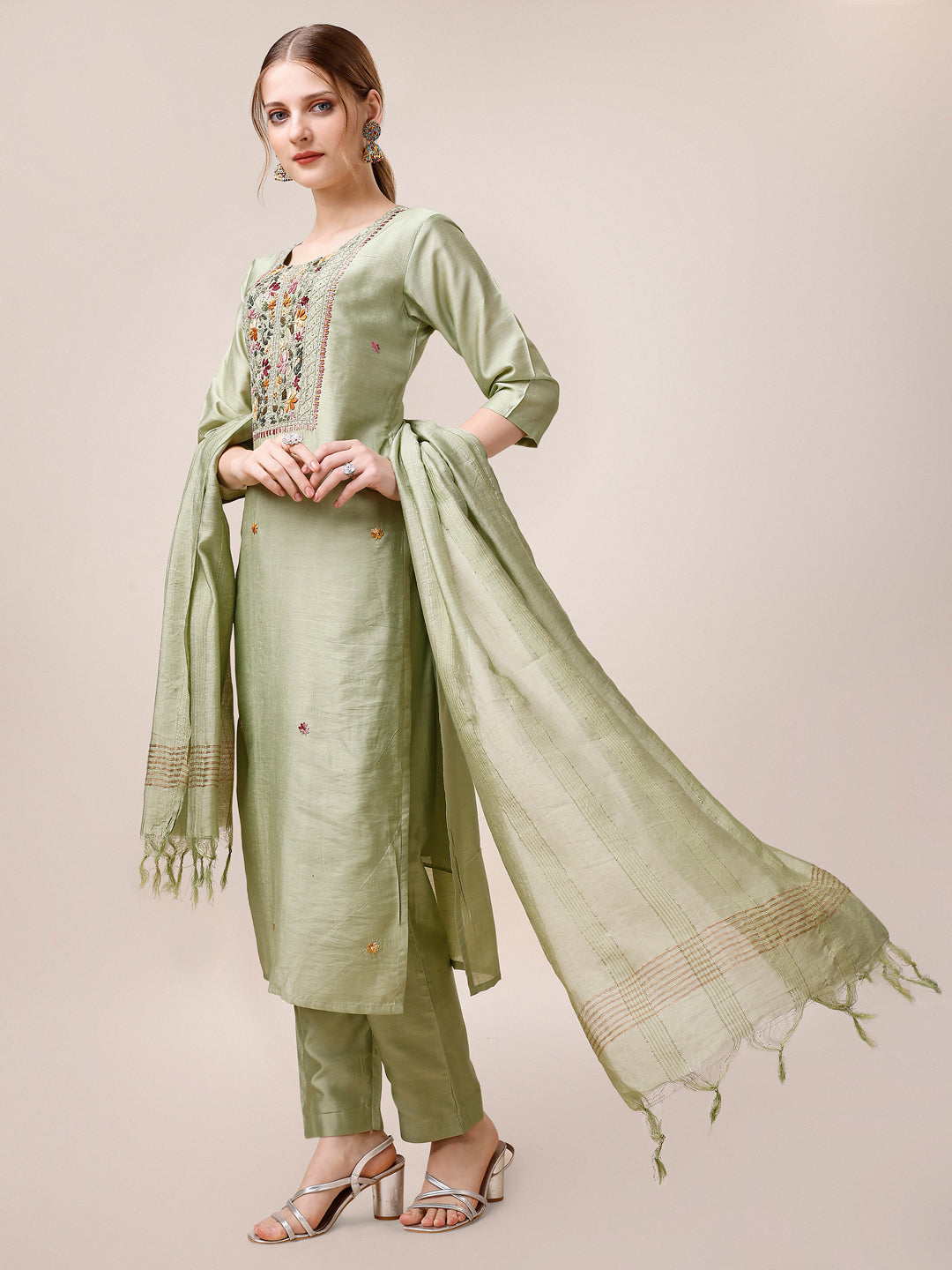Embroidered Kurta With Pant And Dupatta Set, Multicolor - Hiral Fashion
