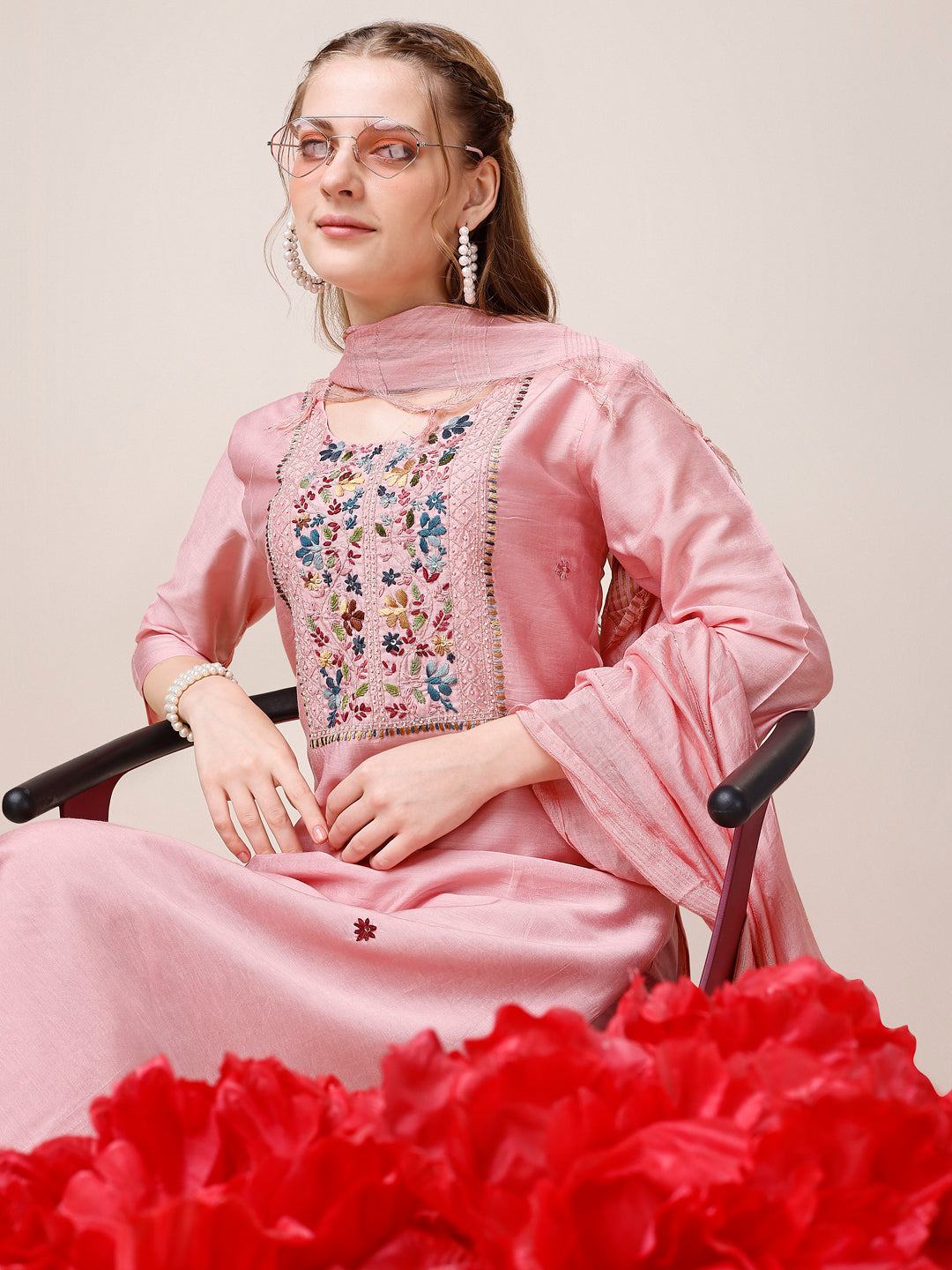 Embroidered Kurta With Pant And Dupatta Set, Multicolor - Hiral Fashion