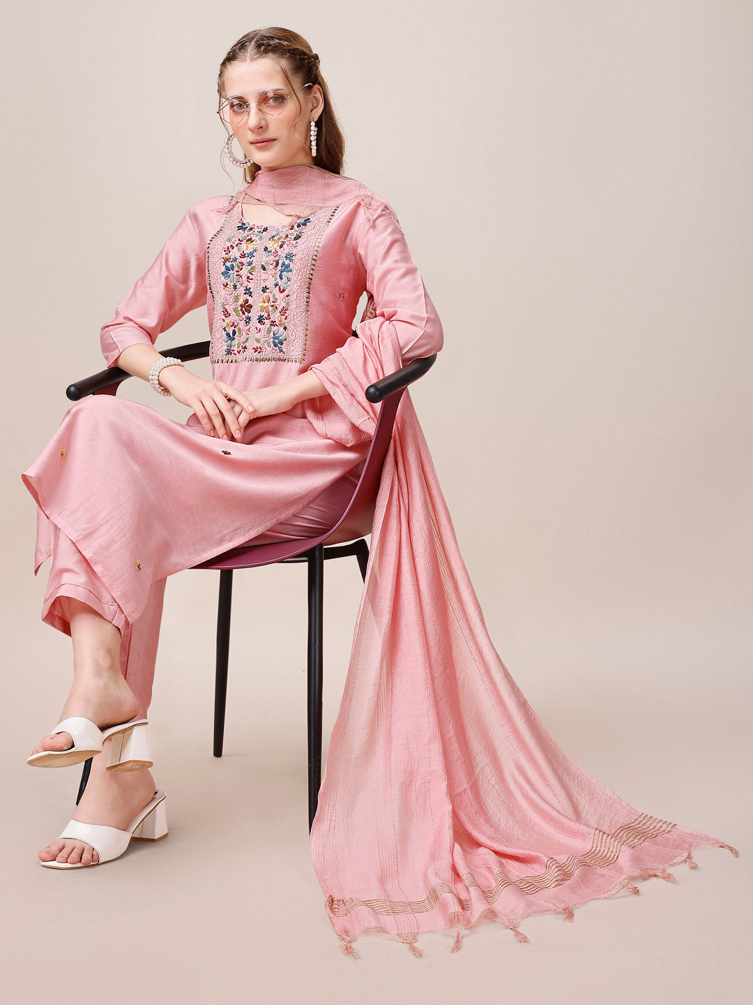 Embroidered Kurta With Pant And Dupatta Set, Multicolor - Hiral Fashion