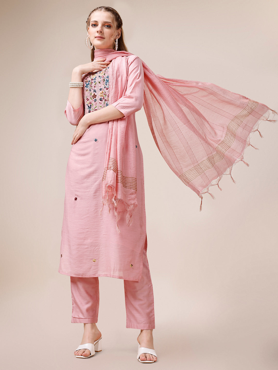 Embroidered Kurta With Pant And Dupatta Set, Multicolor - Hiral Fashion