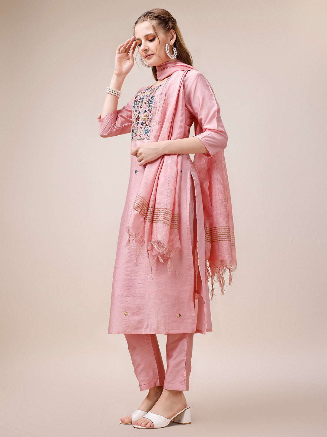 Embroidered Kurta With Pant And Dupatta Set, Multicolor - Hiral Fashion