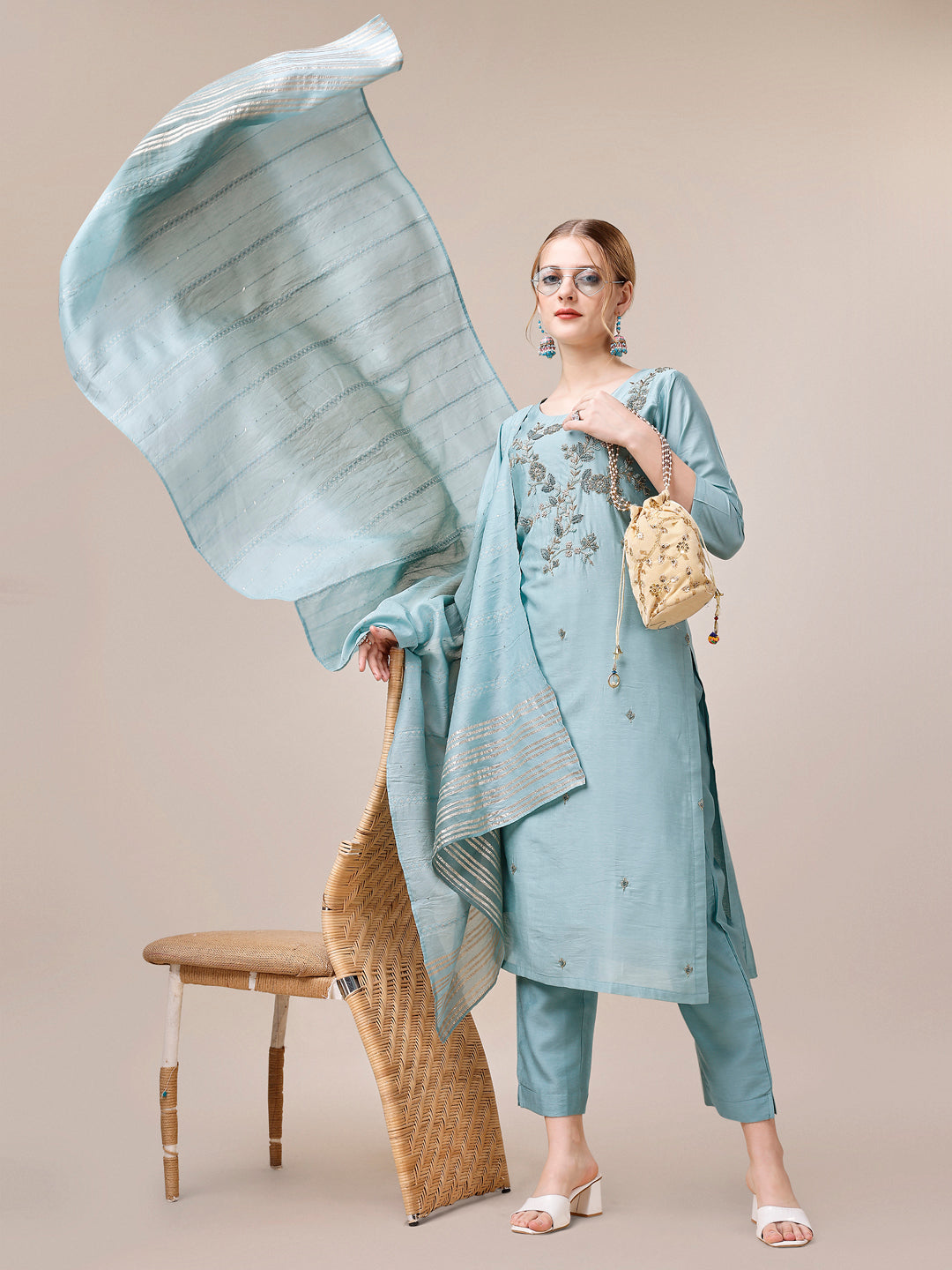 Hand Embroidered Kurta With Pant And Dupatta Set, Multicolor - Hiral Fashion