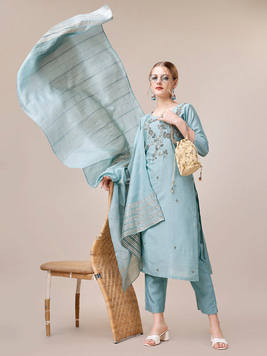 Hand Embroidered Kurta With Pant And Dupatta Set, Multicolor - Hiral Fashion
