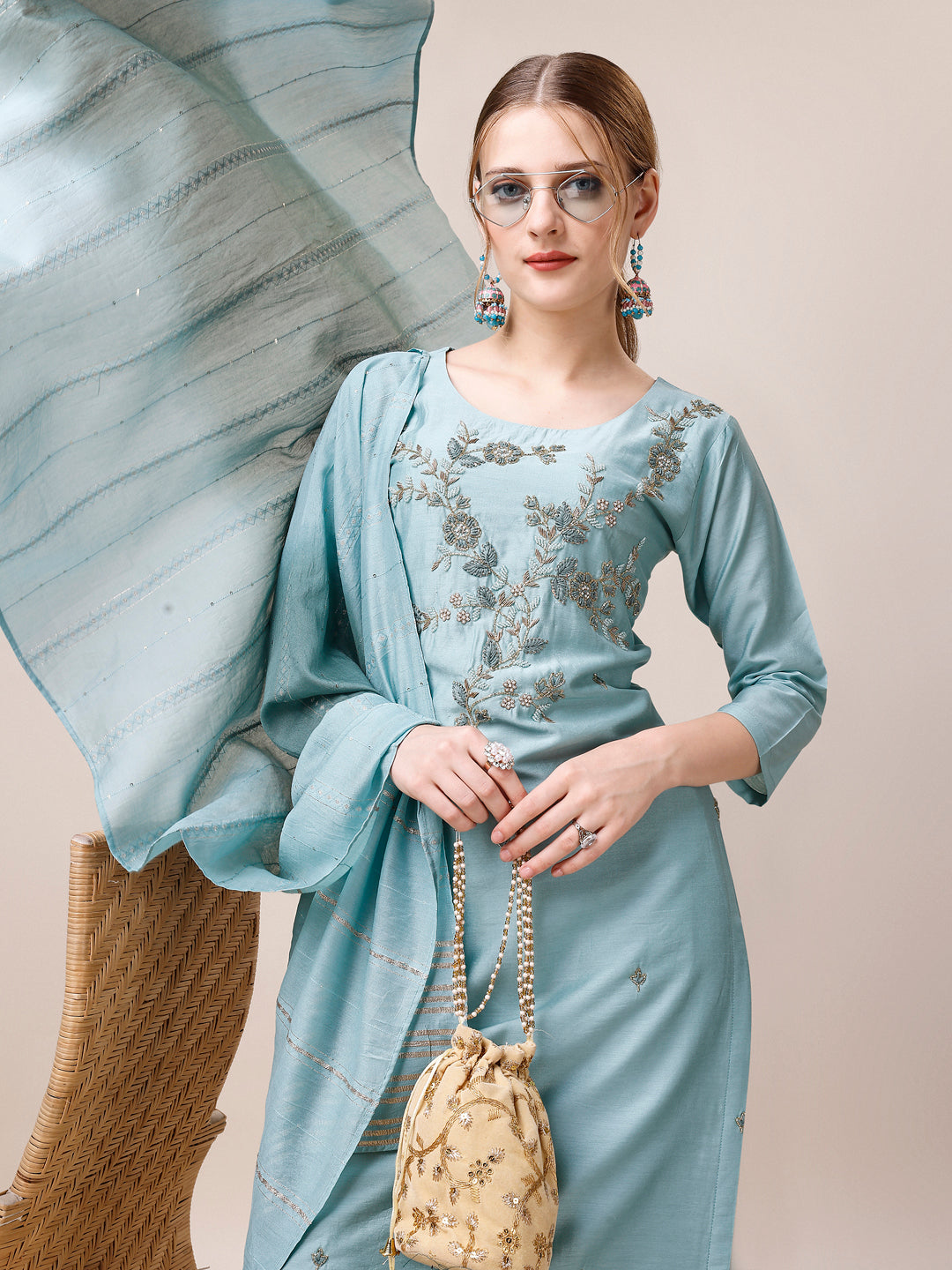 Hand Embroidered Kurta With Pant And Dupatta Set, Multicolor - Hiral Fashion