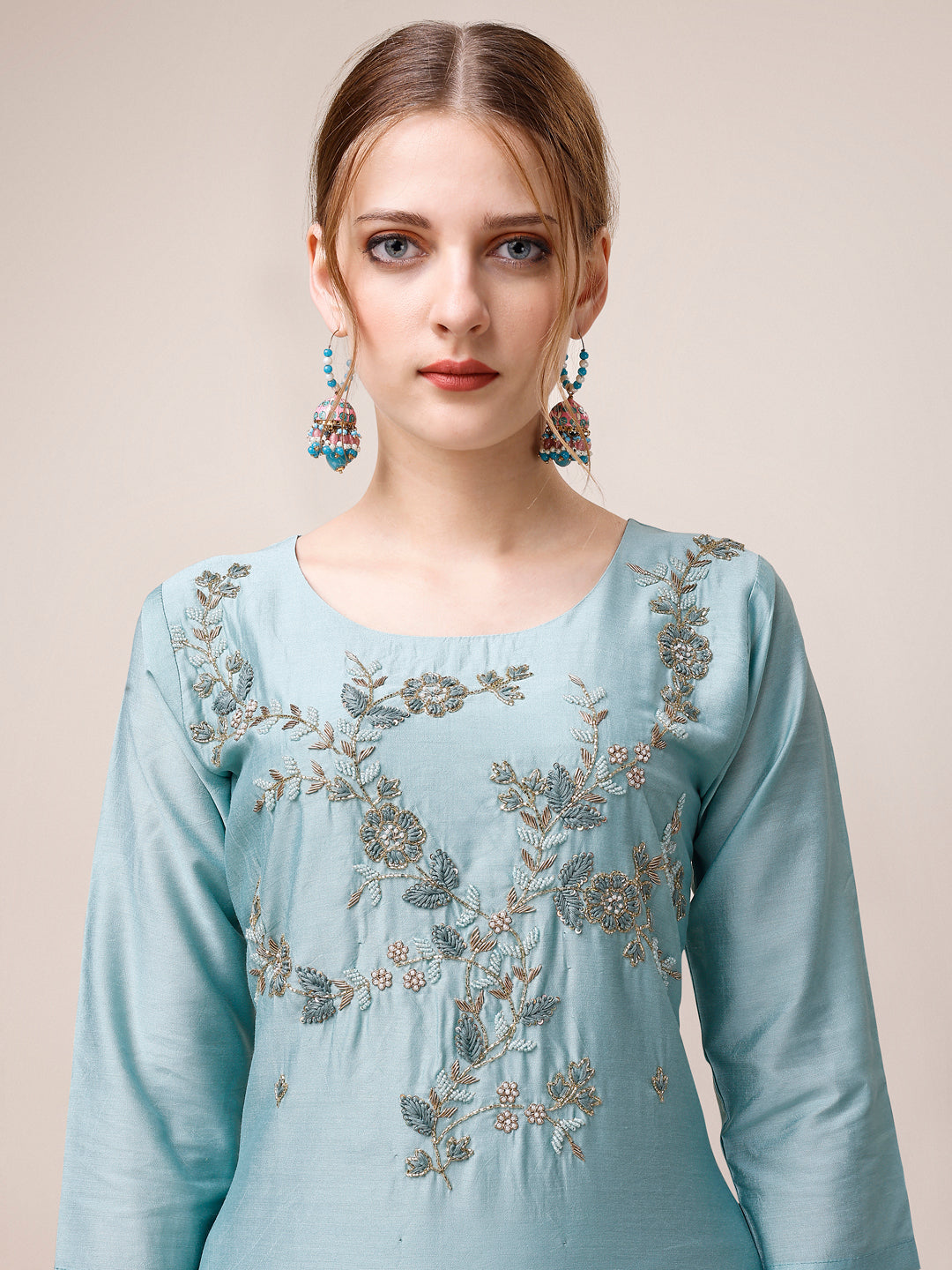 Hand Embroidered Kurta With Pant And Dupatta Set, Multicolor - Hiral Fashion