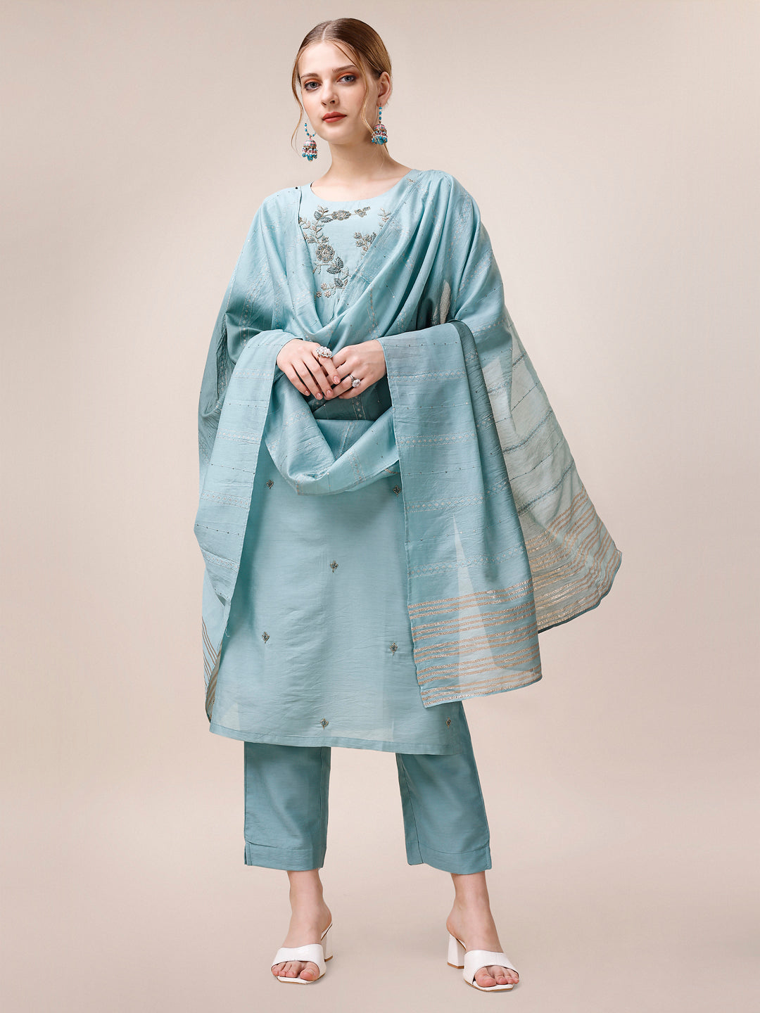 Hand Embroidered Kurta With Pant And Dupatta Set, Multicolor - Hiral Fashion