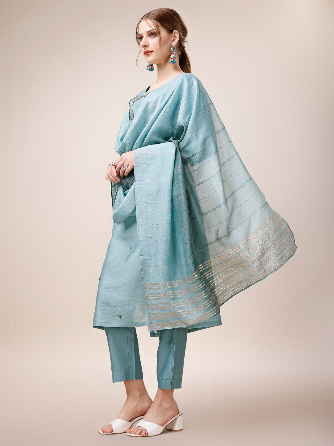 Hand Embroidered Kurta With Pant And Dupatta Set, Multicolor - Hiral Fashion