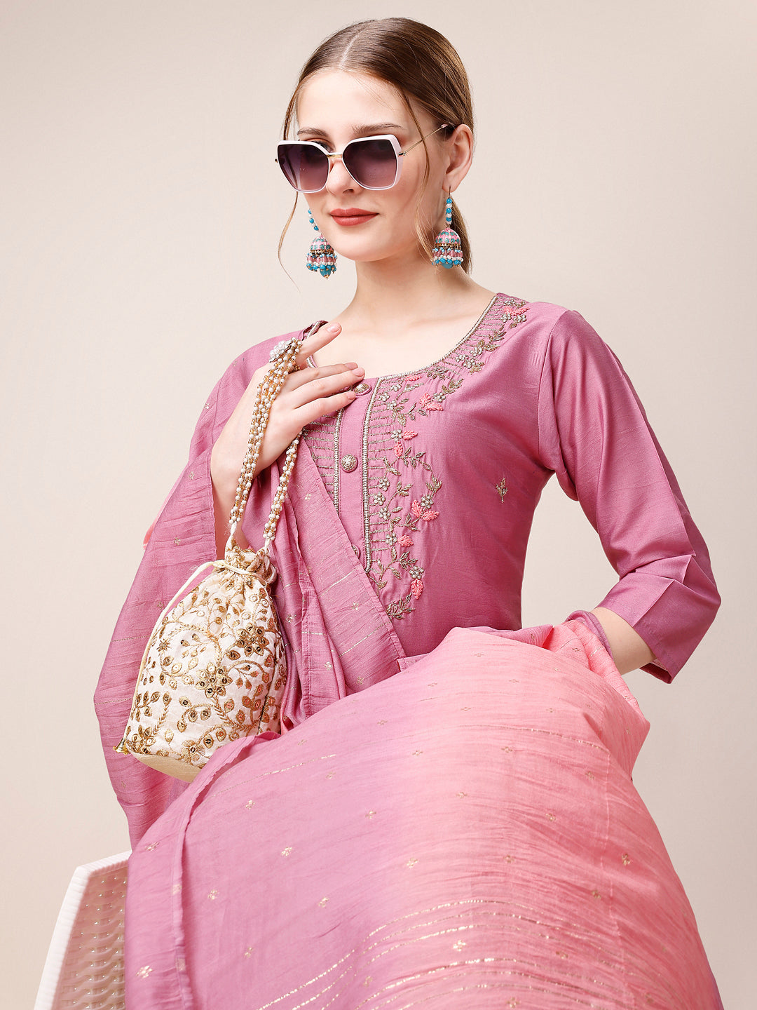Hand Embroidered Kurta With Pant And Dupatta Set, Multicolor - Hiral Fashion
