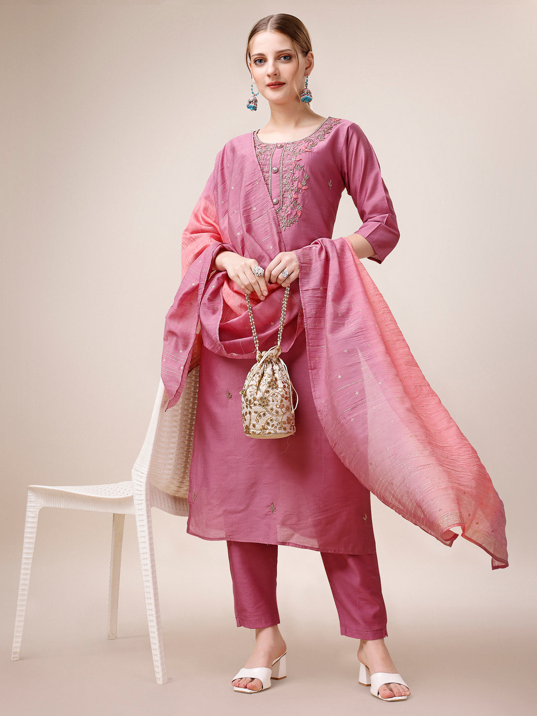 Hand Embroidered Kurta With Pant And Dupatta Set, Multicolor - Hiral Fashion
