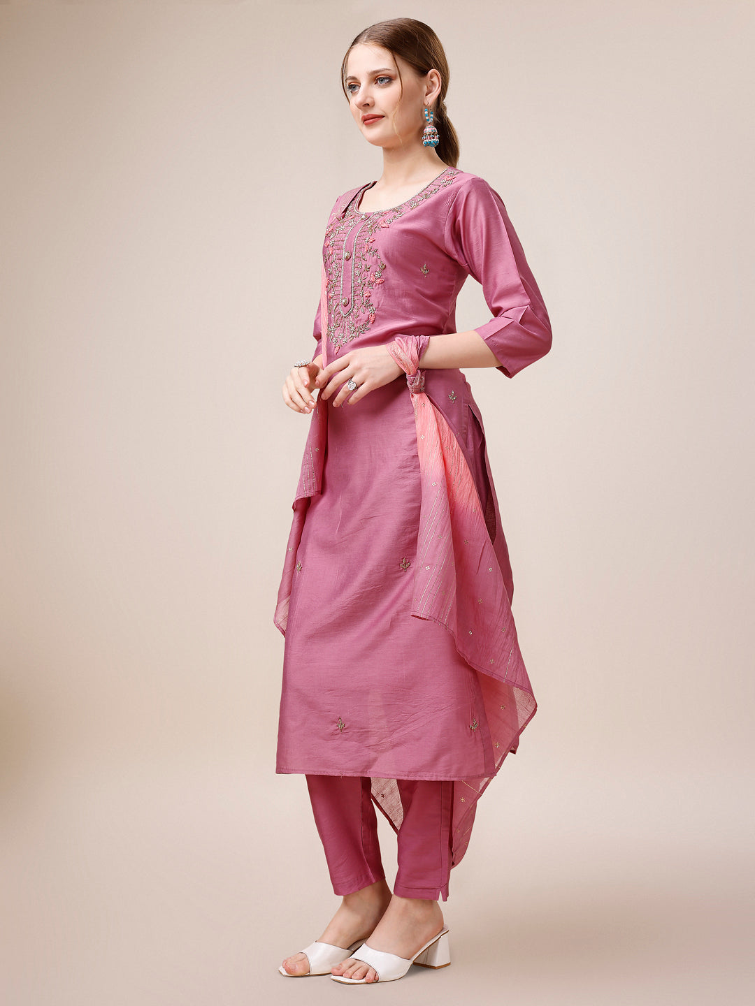 Hand Embroidered Kurta With Pant And Dupatta Set, Multicolor - Hiral Fashion