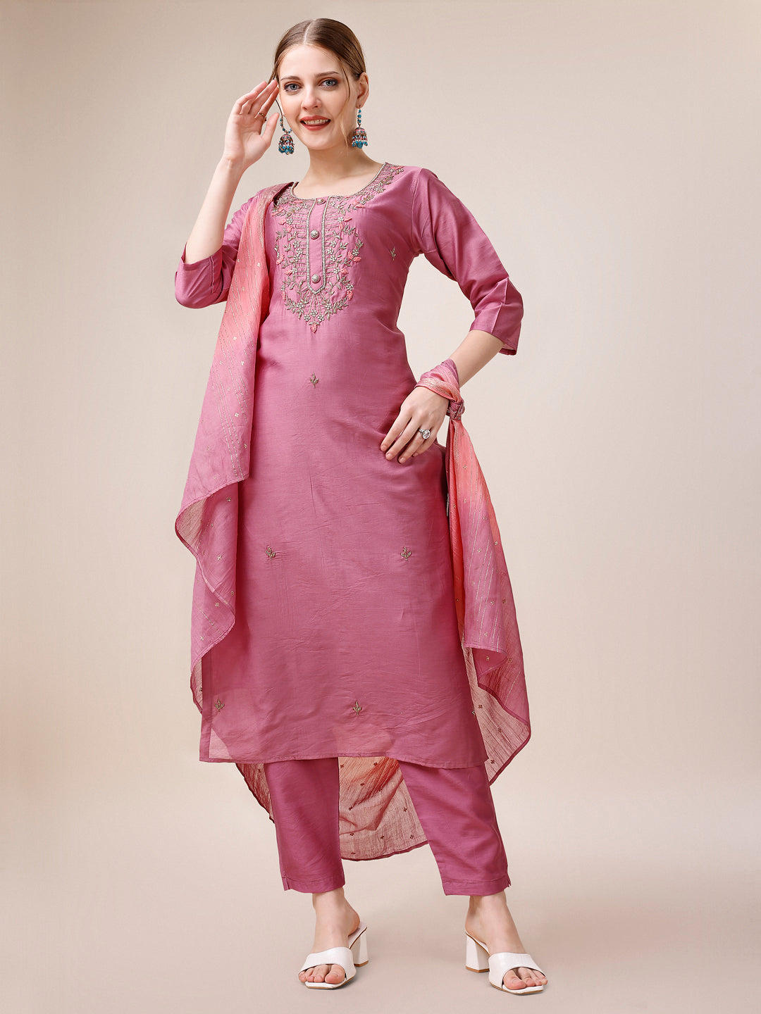Hand Embroidered Kurta With Pant And Dupatta Set, Multicolor - Hiral Fashion