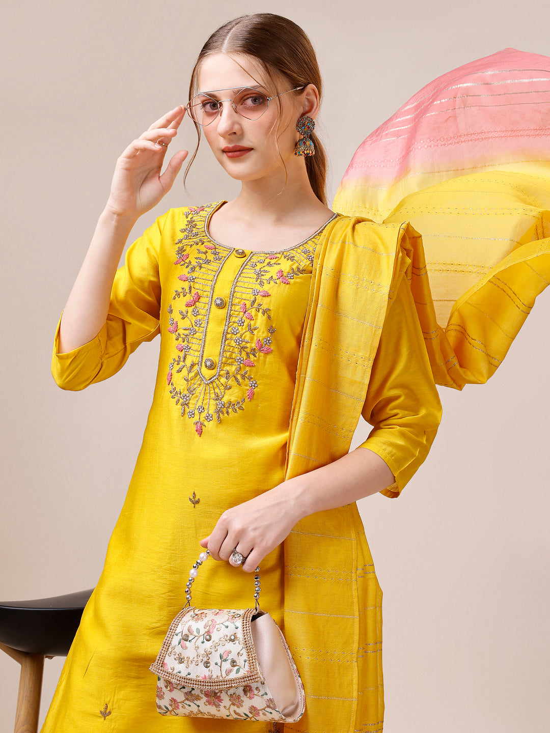 Hand Embroidered Kurta With Pant And Dupatta Set, Multicolor - Hiral Fashion