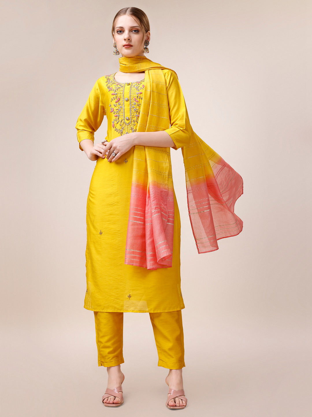 Hand Embroidered Kurta With Pant And Dupatta Set, Multicolor - Hiral Fashion